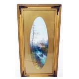 1076	FRAMED AND MATTED PASTEL DRAWING, COTTAGE BY STREAM, APPROXIMATELY 13 IN X 25 IN OVERALL