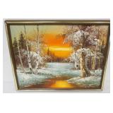 1110	OIL PAINTING ON CANVAS, WINTER BIRCH TREES ALONG WATERWAY, ARTIST SIGNED, APPROXIMATELY 17 IN X