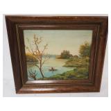 1112	OIL PAINTING ON BOARD, LANDSCAPE WITH MAN FISHING, APPROXIMATELY 11 IN X12 IN OVERALL