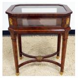 1208	LOZENGE SHAPE LIFT TOP CURIO DISPLAY STAND WITH BRASS FERRULE AND METAL MOUNTS, APPROXIMATELY 2