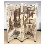 1221	ASIAN 4 PART LACQUERED AND CARVED FOLDING SCREEN ROOM DIVIDER, EACH PANEL APPROXIMATELY 22 IN X