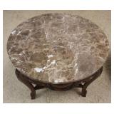 1229	PAIR OF ROUND MARBLE TOP LAMP TABLES ON CARVED WOOD BASES, EACH APPROXIMATELY 28 IN X 27 IN H