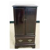 1232	FLOOR STANDING DOUBLE DOOR JEWELRY CHEST, APPROXIMATELY 18 IN X 15 IN X 38 IN H