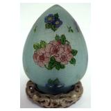1009	ANTIQUE FLORAL PAINTED EGG SHAPED LAMP, HAND PAINTED SHADE WITH CRACKLE FINISH ON METAL BASE, N