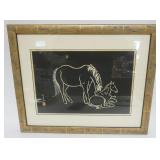 1037	MOTHER AND FOAL WOODBLOCK PRINT, CHARACTER MARKS TO LEFT, APPROXIMATELY 18 IN X 22 IN OVERALL