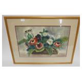 1040	FRAMED AND DOUBLE MATTED WATERCOLOR, STILL LIFE FLOWERS IN BASKET, ARTIST SIGNED, APPROXIMATELY