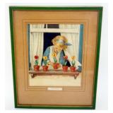 1042	JESSIE WILLCOX SMITH FRAMED AND MATTED PRINT OF YOUNG GIRL AT WINDOW SILL WITH POTTED PLANTS *S