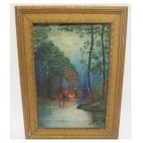 1044	AMY WATSON OIL PAINTING ON CANVAS, MAN WITH CANOE CAMPING WITH FIRE ALONG STREAM, APPROXIMATELY