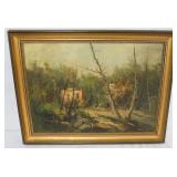 1047	OIL PAINTING ON CANVAS, WOODED SCENE WITH PEOPLE NEAR BUILDINGS, APPROXIMATELY 24 IN X 32 IN OV