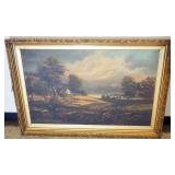 1048	OIL PAINTING ON CANVAS, COUNTRYSIDE FARM ALONG WATERWAY, APPROXIMATELY 32 1/4 IN X 46 IN OVERAL