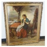 1049	OIL PAINTING ON CANVAS, IMAGE OF WOMAN SEWING IN A FISHING VILLAGE, ARTIST SIGNED, APPROXIMATEL
