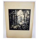 1052	BLACK AND WHITE WOOD CUT PRINT, APPROXIMATELY 11 IN X 15 IN OVERALL