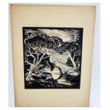 1053	BLACK AND WHITE WOOD CUT PRINT, APPROXIMATELY 11 IN X 15 IN OVERALL