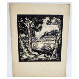 1054	BLACK AND WHITE WOOD CUT PRINT, APPROXIMATELY 11 IN X 15 IN OVERALL