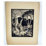 1056	BLACK AND WHITE WOOD CUT PRINT, APPROXIMATELY 11 IN X 15 IN OVERALL