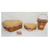 1098	ASSORTED LONGABERGER BASKETS INCLUDING 1999 MED AND LARGE HEART BASKETS WITH LIDS, LINERS AND P