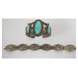 1107	STERLING SILVER TURQUOISE CUFF BRACELET AS FOUND, STONES HAVE CRACKS AND CUFF NEEDS REPAIR AND 