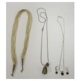 1113	3 STERLING SILVER NECKLACES, 1 WITH MATCHING ONYX EARRINGS, 1 BELL AND 1 ROPE STYLE, 1.60 OZT I