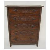1175	PRESSED CARVED MINIATURE 5 DRAWER CHEST, APPROXIMATELY 17 IN X 8 IN X 22 IN HIGH