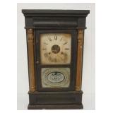 1179	ANTIQUE SHELF CLOCK W/TURNED HALF COLUMNS & REVERSE PAINTED GLASS DOOR, MISSING HANDS, APPROXIM