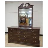 1212	ETHAN ALLEN CHERRY 7 DRAWER LOW CHEST WITH BEVELED EDGE MIRROR, REEDED COLUMN SIDES AND BRACKET