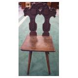 1237	ANTIQUE FOLK ART CARVED CHAIR WITH IMAGES OF CRESTS, HAVING SPLAY LEG BASE, APPROXIMATELY 16 IN