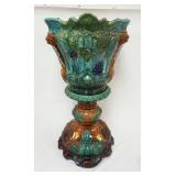 1011	LARGE MAJOLICA GLAZED POT & PEDESTAL, APPROXIMATELY 19 IN X 35 IN HIGH