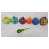 1014	GROUP OF ASSORTED COLORED GLASS BALL FLOATS & GLASS TEAR DROP, LARGEST APPROXIMATELY 6 IN