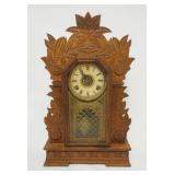 1022	ANSONIA PRESSED WOOD CLOCK *LAUREL* W/ALARM, APPROXIMATELY 15 IN X 4 IN X 25 IN HIGH