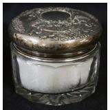 1085	ANTIQUE STERLING SILVER & CUT GLASS DRESSER JAR, GROUND & POLISHED BASE, APPROXIMATELY 3 1/2 IN