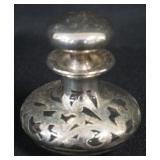 1087	ANTIQUE STERLING SILVER OVERLAY GLASS PERFUME BOTTLE, APPROXIMATELY 3 IN H