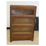 1199	3 SECTION OAK WEIS STACKED BARRISTER BOOKCASE W/LOWER DRAWER, BOTTOM GLASS CRACKED, APPROXIMATE