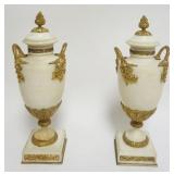 1021	PAIR OF NEOCLASSICAL MARBLE AND GILT BRONZE COVERED URNS, EACH APPROXIMATELY 16 IN H