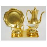 1027	PICKARD GOLD CHINA TEA SET WITH TEA POT, CREAMER AND SUGAR, TRAYS AND TEA POT, TALLEST APPROXIM