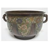 1041	CLOISONNE BRONZE DOUBLE HANDLE POT, APPROXIMATELY 14 IN X 9 IN H