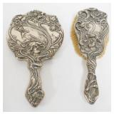 1066	ART NOUVEAU STERLING SILVER LADIES DRESSER MIRROR AND HAIR BRUSH