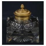 1107	MASSIVE GLASS INKWELL W/GILT METAL HINGED TOP, APPROXIMATELY 5 1/2 IN