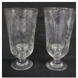 1145	PAIR OF ETCHED GLASS CANDLE HURRICANES, EACH APPROXIMATELY 6 1/2 IN X 13 IN HIGH