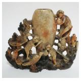 1180	ASIAN SOAPSTONE CARVED VASE W/IMAGES OF MONKEYS CLIMBING & BIRDS, APPROXIMATELY 8 IN X 6 1/2 IN