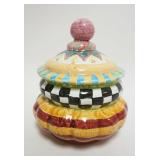 1202	MACKENZIE CHILDS *ODD FELLOWS* COVERED JAR, APPROXIMATELY 7 IN X 10 IN HIGH