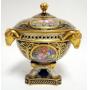 1001	DERBY PORCELAIN BOLTED COVERED URN WITH GILT ACCENTS AND RAMS HEADS, APPROXIMATELY 11 1/2 IN H