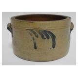 1002	BLUE DECORATED STONEWARE BUTTER CROCK, APPROXIMATELY 9 IN X 5 IN H, RIM CHIP