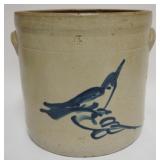 1006	BLUE DECORATED STONEWARE 4 GAL BLUE BIRD CROCK, APPROXIMATELY 12 IN X 11 IN H