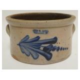 1007	BLUE DECORATED STONEWARE BUTTER CROCK, EVAN R. JONES, PITTSTOWN PA