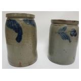 1011	BLUE DECORATED STONEWARE PRESERVE JARS, BLUE DECORATIONS ALL AROUND BORDERS, ONE WITH INCISED #