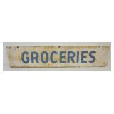 1042	ENAMEL METAL GROCERIES SIGN, APPROXIMATELY 46 IN X 10 IN H, 1 SIDE FADED
