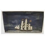 1053	HALF HULL SAILING SHIP IN SHADOW BOX FRAME, AMERICAN AND ENGLISH FLAGS