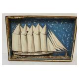 1054	HALF HULL OF SAILING SHIP IN SHADOW BOX FRAME, APPROXIMATELY 28 IN X 19 IN OVERALL, MISSING OUT