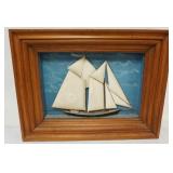 1055	HALF HULL OF SAILING SHIP IN SHADOW BOX FRAME, APPROXIMATELY 28 IN X 21 IN OVERALL