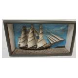 1056	HALF HULL OF SAILING SHIP IN SHADOW BOX FRAME, APPROXIMATELY 33 IN X 8 IN X 19 IN OVERALL